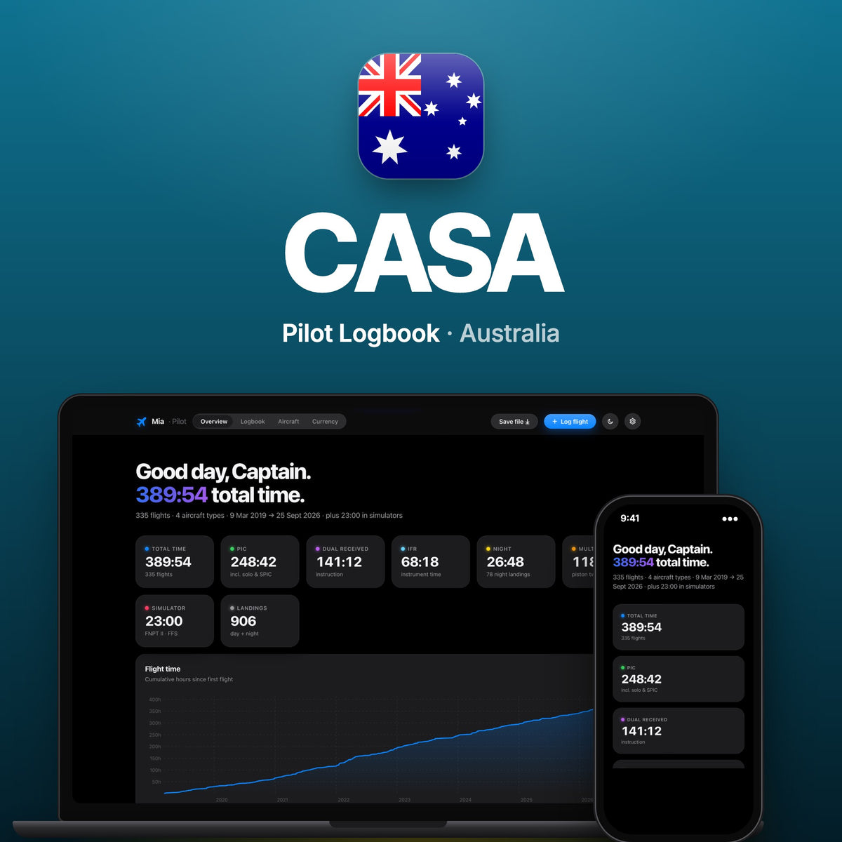 CASA Australia Pilot Logbook on MacBook and iPhone