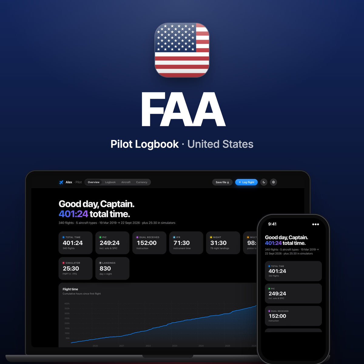 FAA Pilot Logbook on MacBook and iPhone