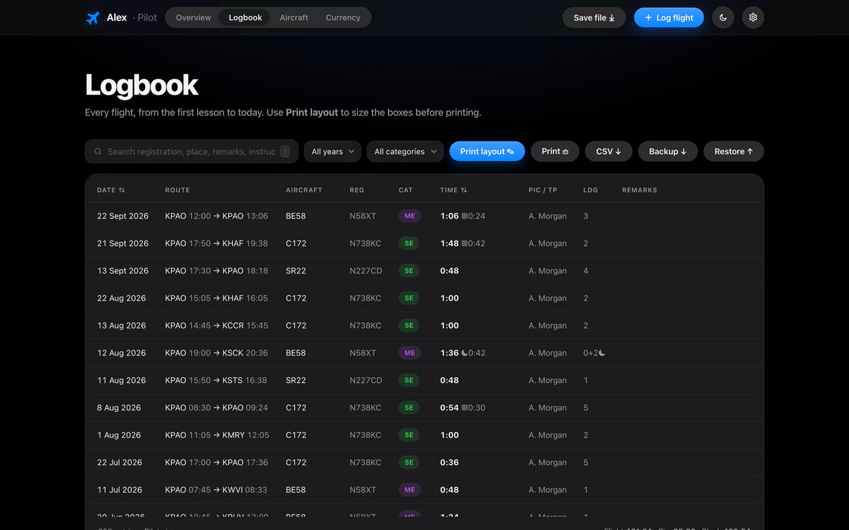 Logbook table with search, filters, print and CSV export