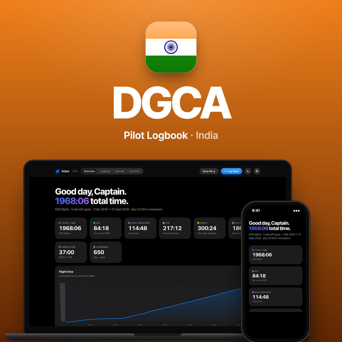 DGCA India Pilot Logbook on MacBook and iPhone