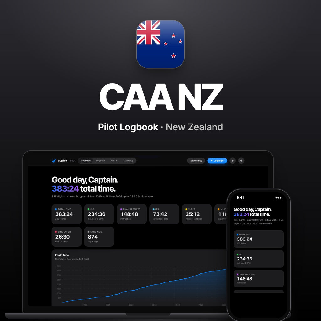 CAA New Zealand Pilot Logbook on MacBook and iPhone
