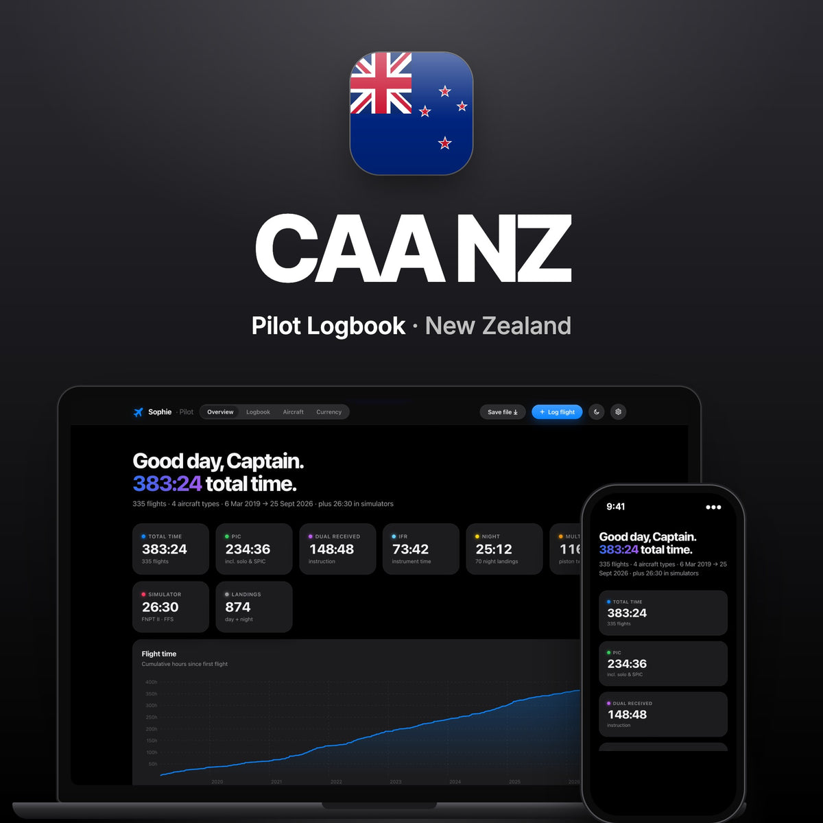 CAA New Zealand Pilot Logbook on MacBook and iPhone