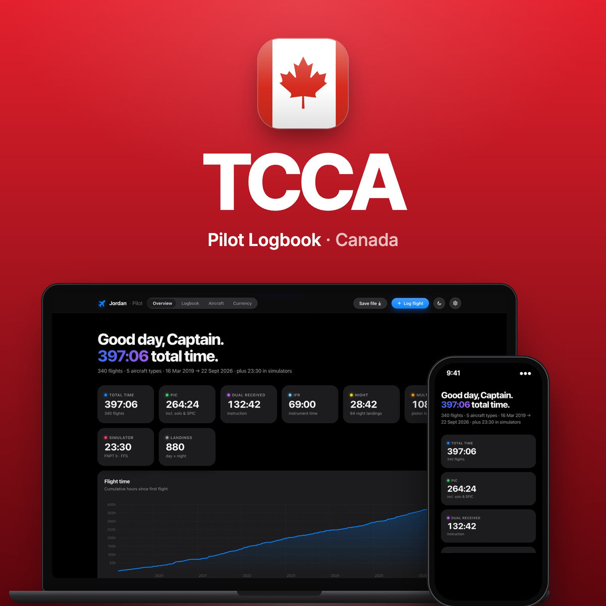 TCCA Canada Pilot Logbook on MacBook and iPhone