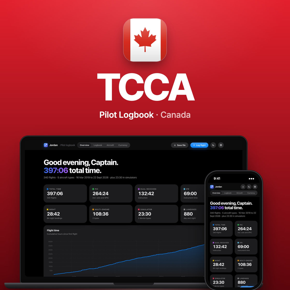 TCCA Canada Pilot Logbook on MacBook and iPhone