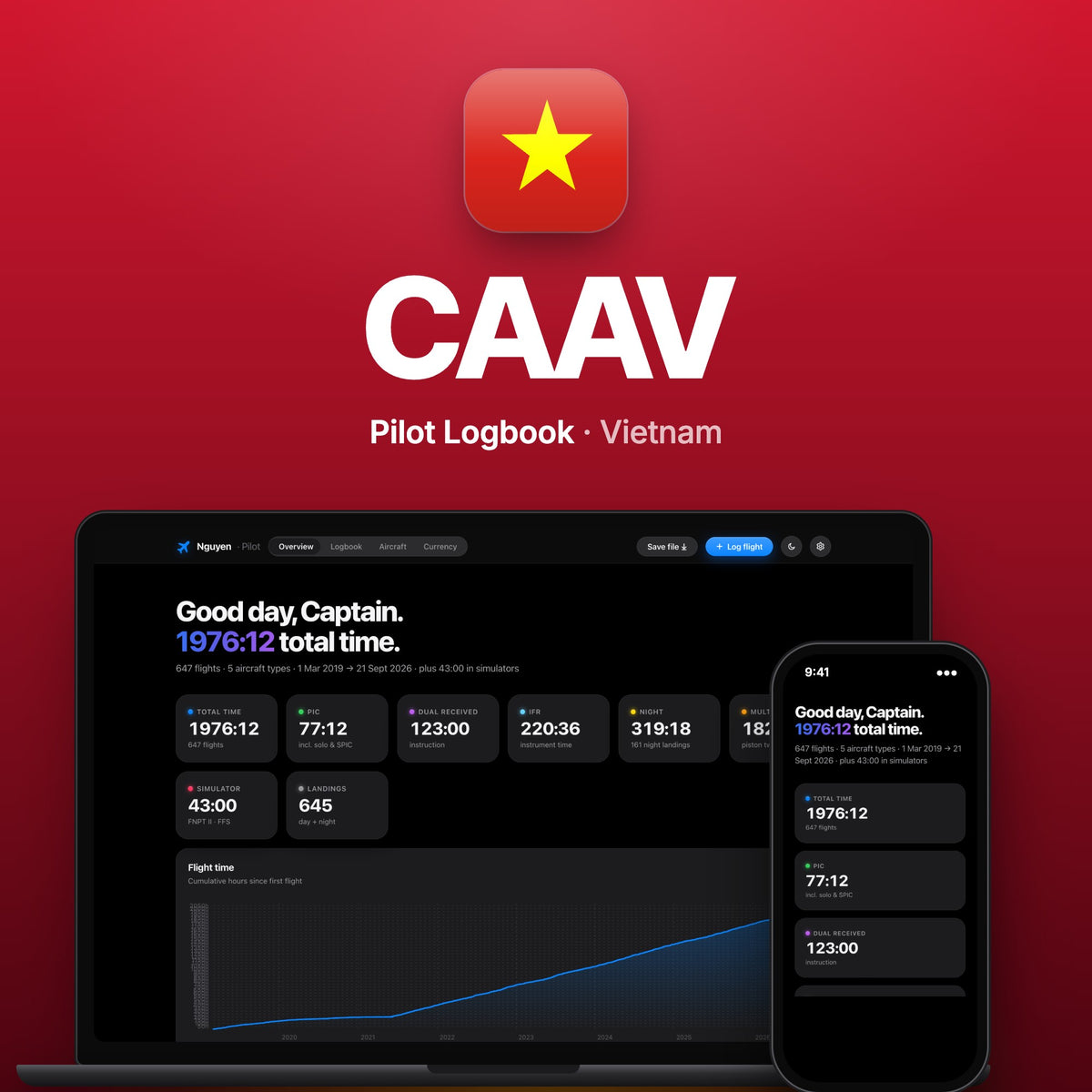 CAAV Vietnam Pilot Logbook on MacBook and iPhone