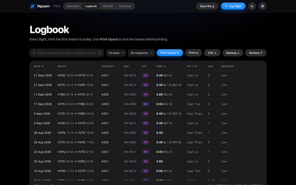 Logbook table with search, filters, print and CSV export