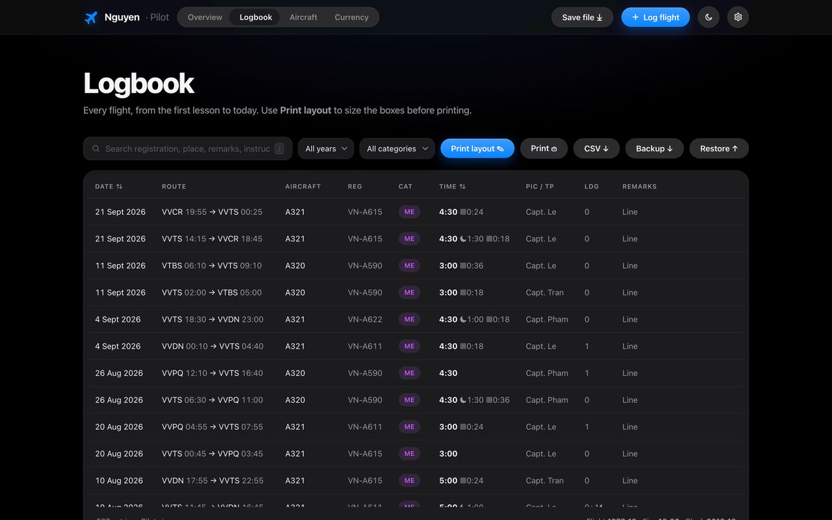Logbook table with search, filters, print and CSV export