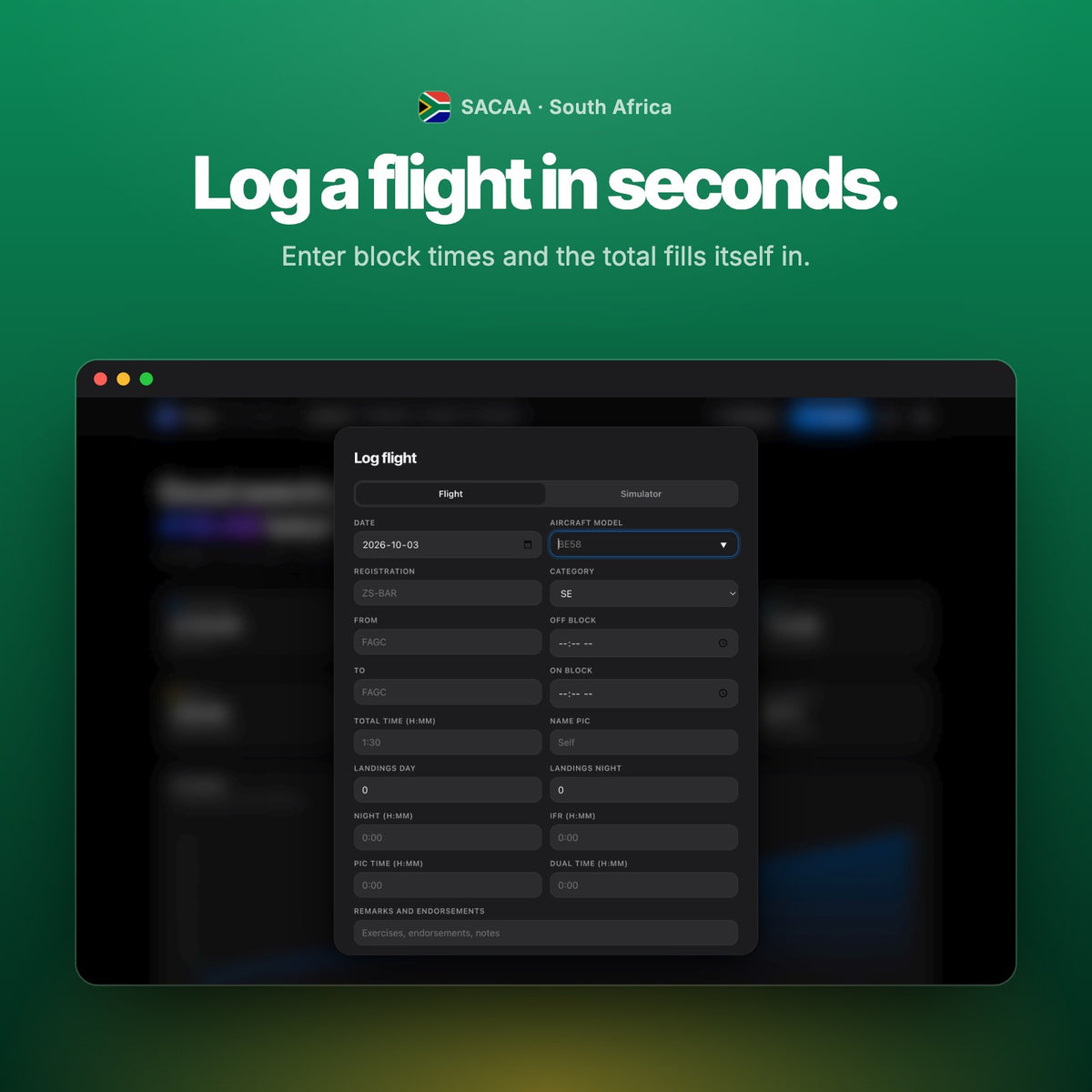 Log a flight in seconds